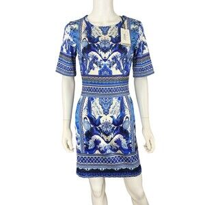 Shahida Parides China Azure Dress M/L Blue White Pheasant Viscose Silk $450 NWT